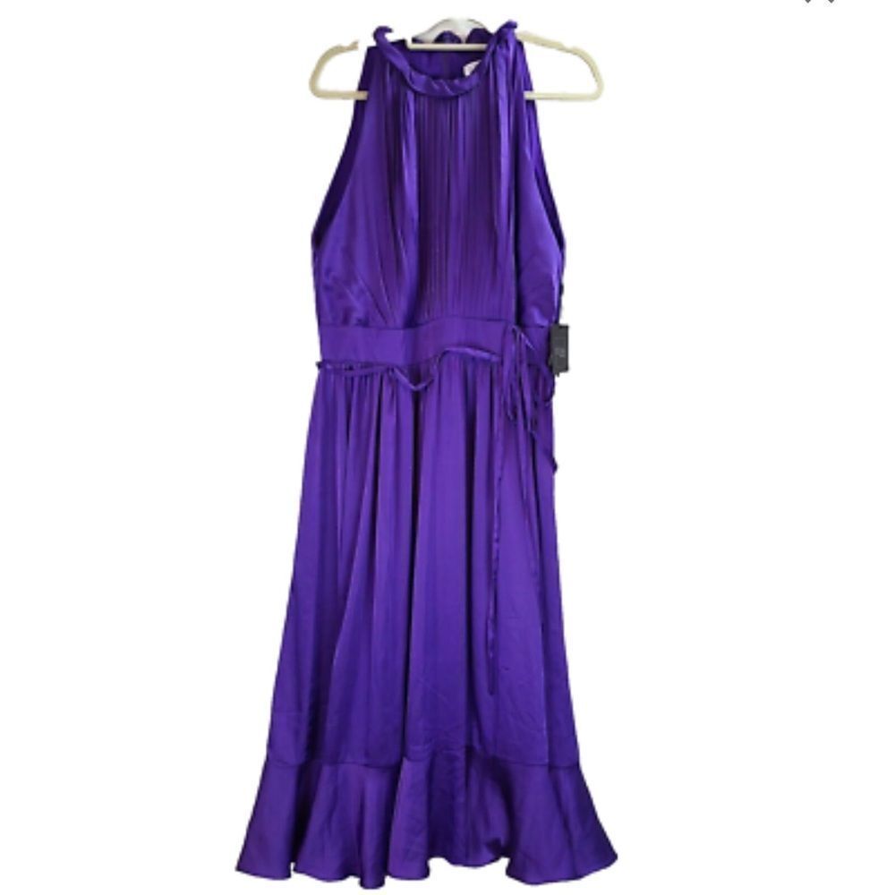 Mac Duggal Purple Halter Tiered Midi Dress